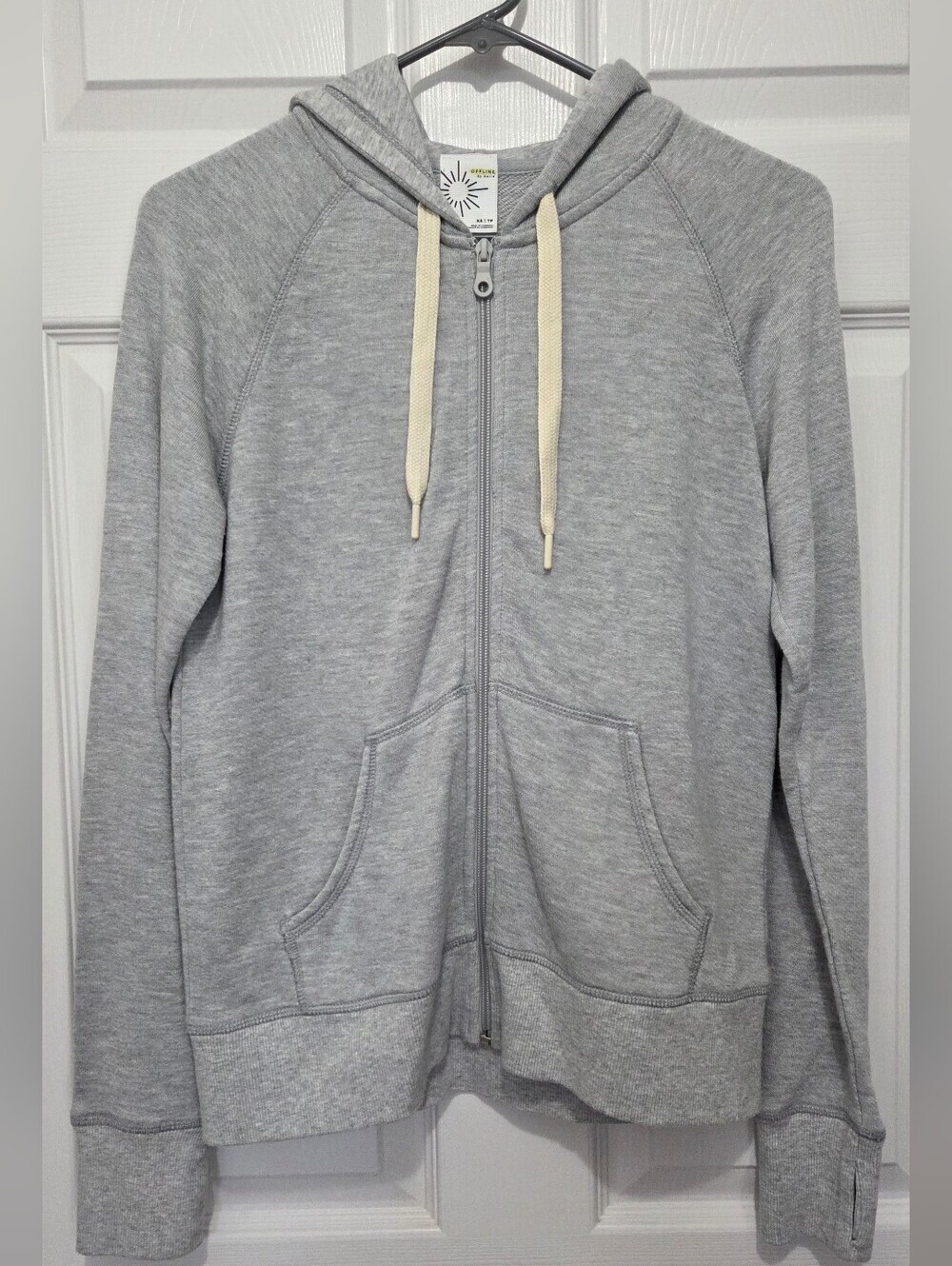 OFFLINE by Aerie Gray Full Zip Hoodie Terry Sweatshirt Sz XS Thumbhole Oversize